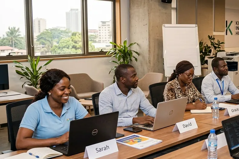 Participants à une formation devant leurs ordinateurs