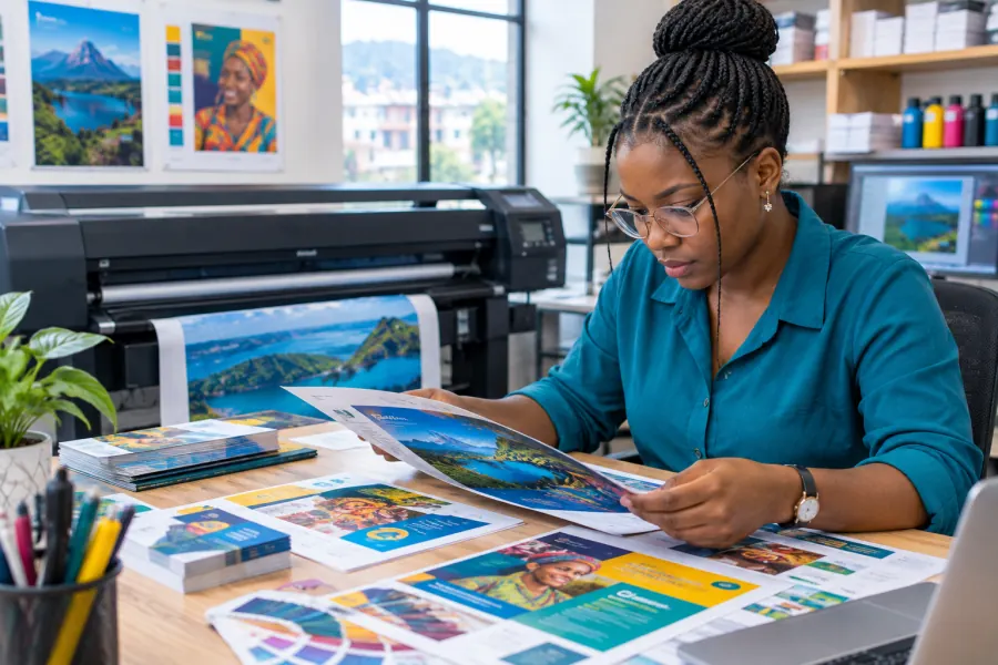 Graphiste vérifiant des affiches imprimées